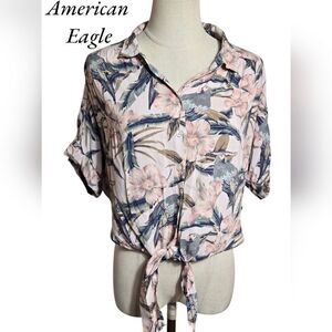 American Eagle Outfitters Women's Floral Ttropical Tie-Front Top - Pink and Blue